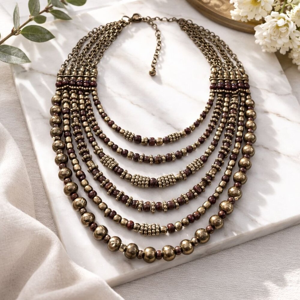 Vintage Multi Strand Bronze & Burgundy Beaded Statement Necklace With Chain Acce